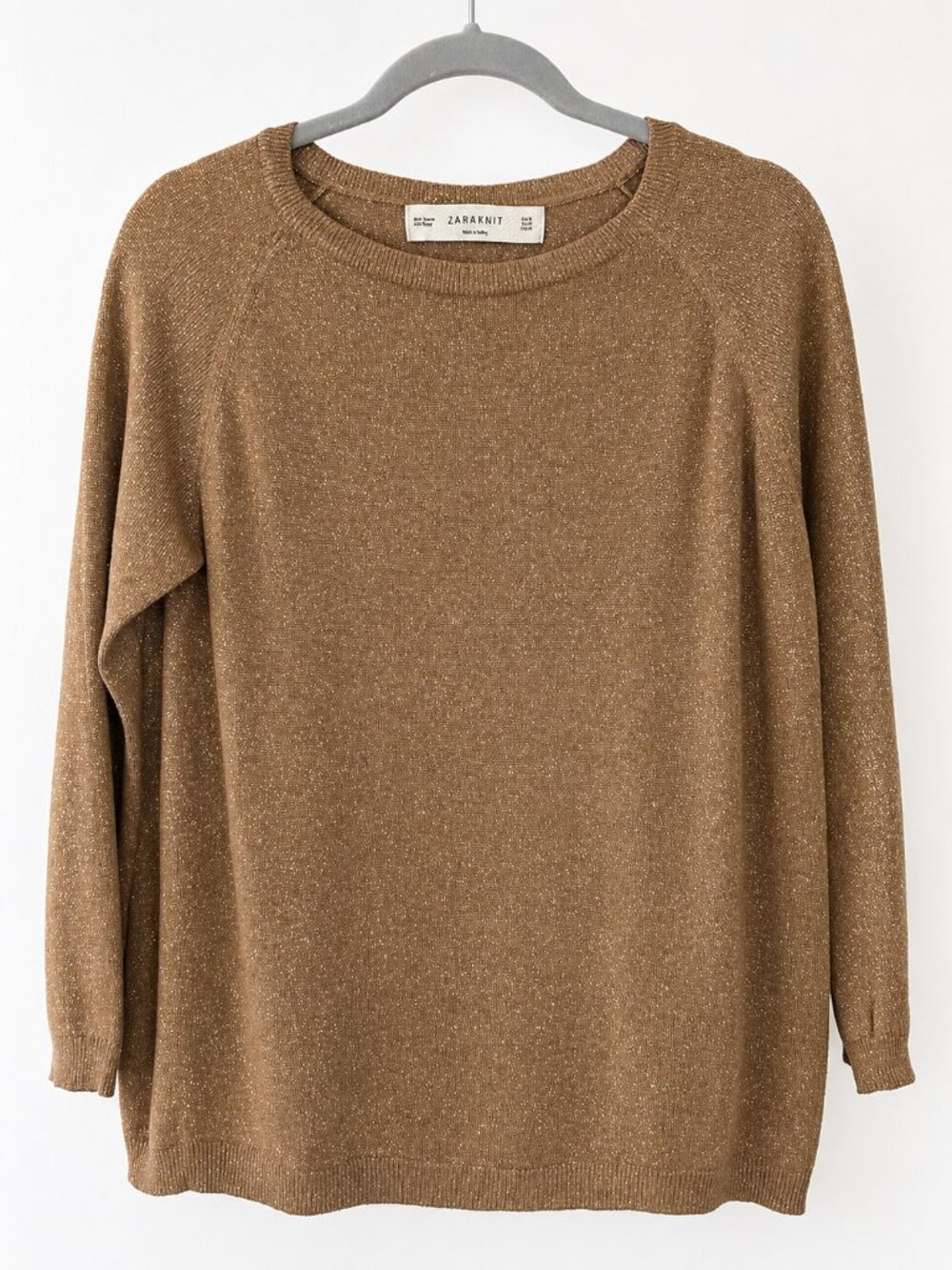 Zara Knit Metallic Brown Sweater Lightweight Crew Neck Pullover